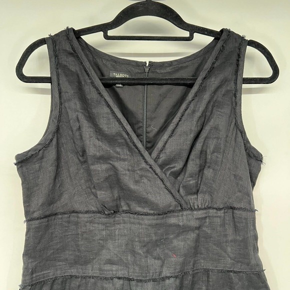 Talbots Linen Sheath Dress Sz 10 Black Faux Wrap V Neck Sleeveless Fringed Trim - Picture 3 of 7